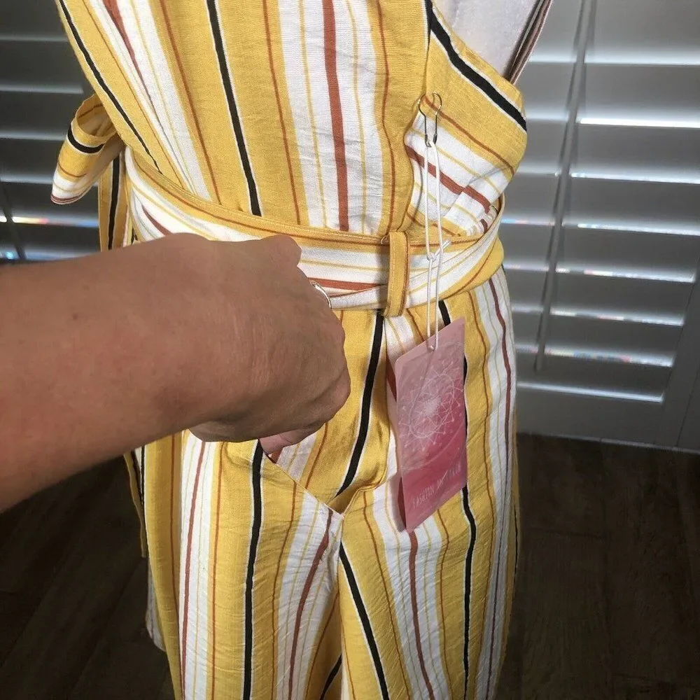 NEW Fashion On Earth Yellow Striped Sundress Small Backless Button Front Summer